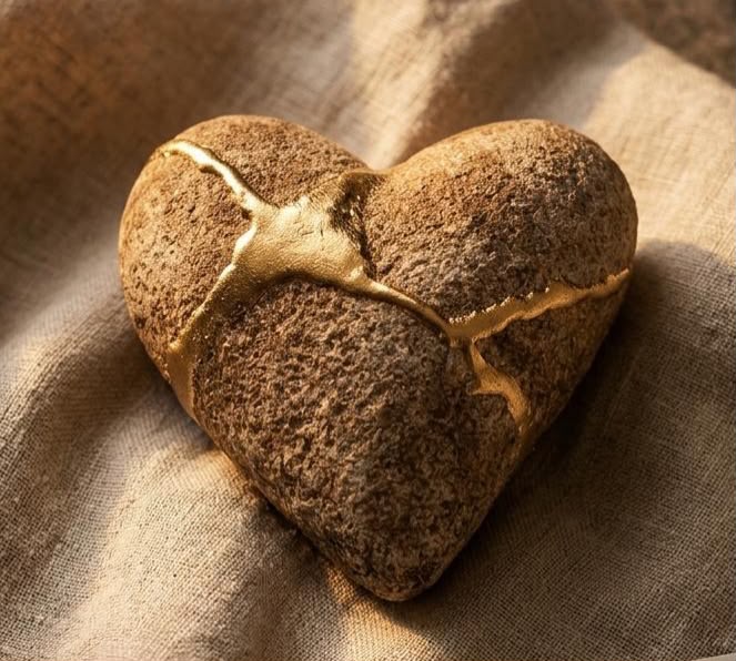 Cuore di ceramica riparato con venature d'oro su stoffa di lino